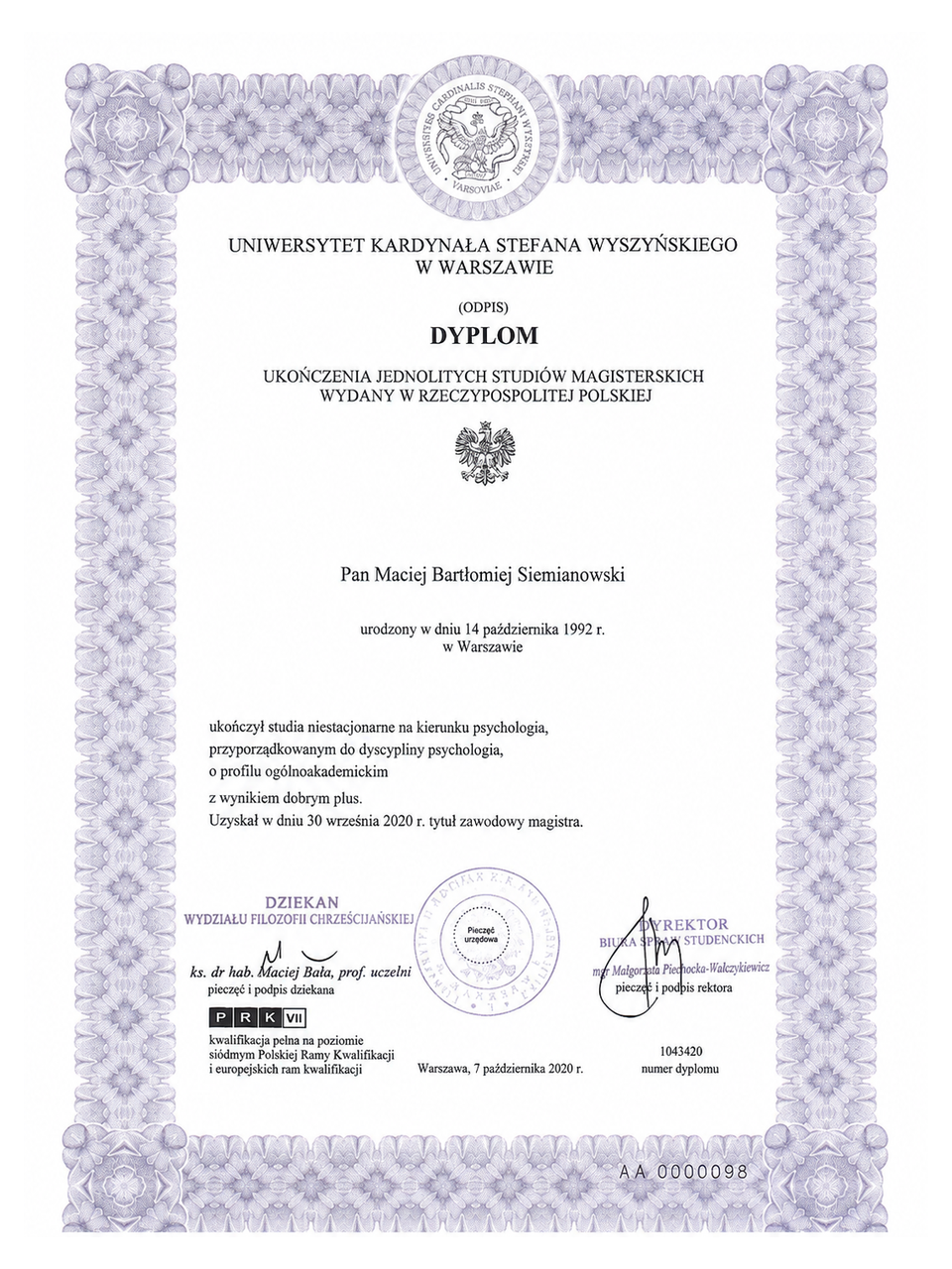 Dyplom magistra psychologii Uniwersytetu Kardynała Stefana Wyszyńskiego w Warszawie