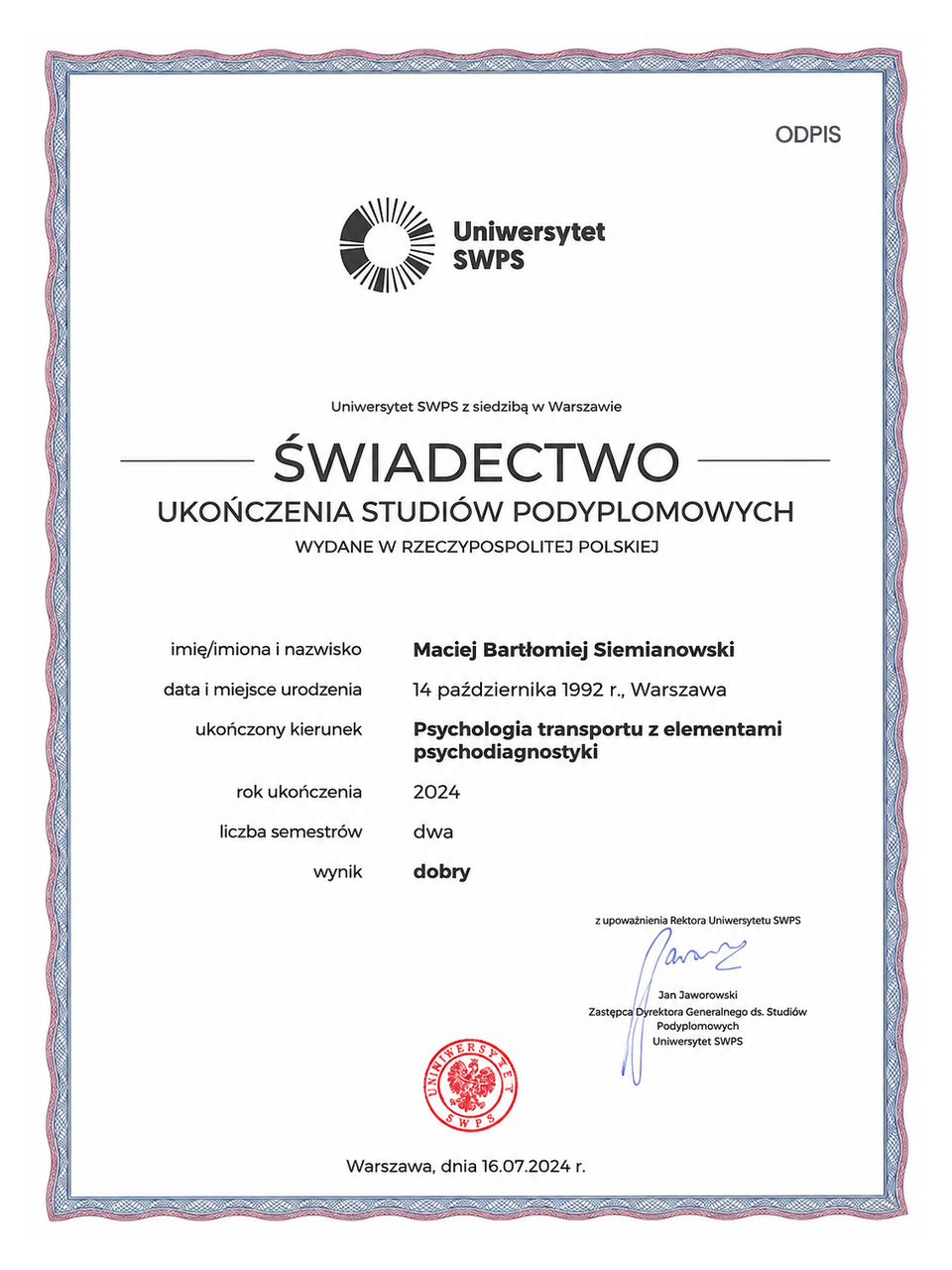 Świadectwo ukończenia studiów podyplomowych z psychologii transportu z elementami psychodiagnostyki na Uniwersytecie SWPS