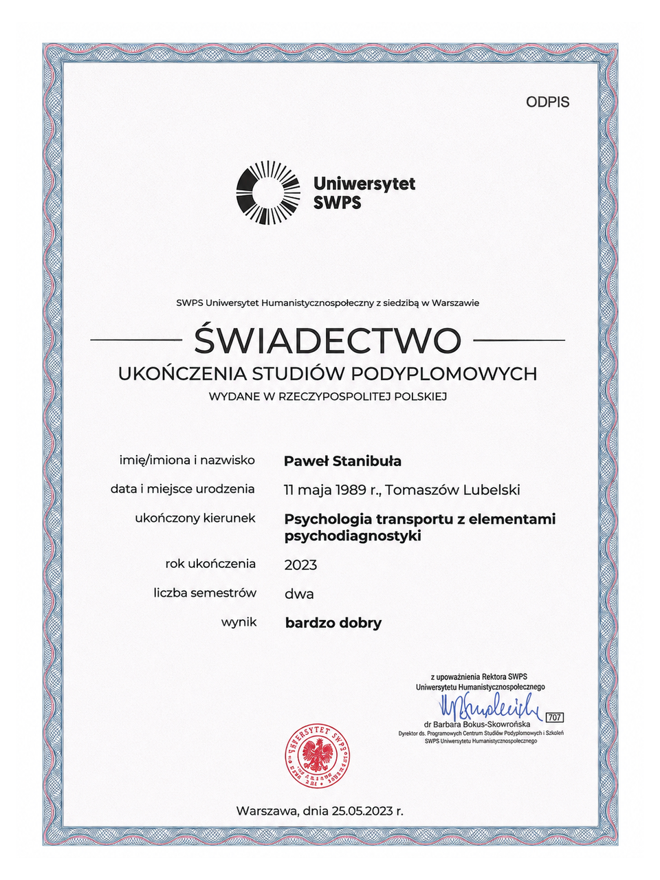 Świadectwo ukończenia studiów podyplomowych z psychologii transportu z elementami psychodiagnostyki na Uniwersytecie SWPS